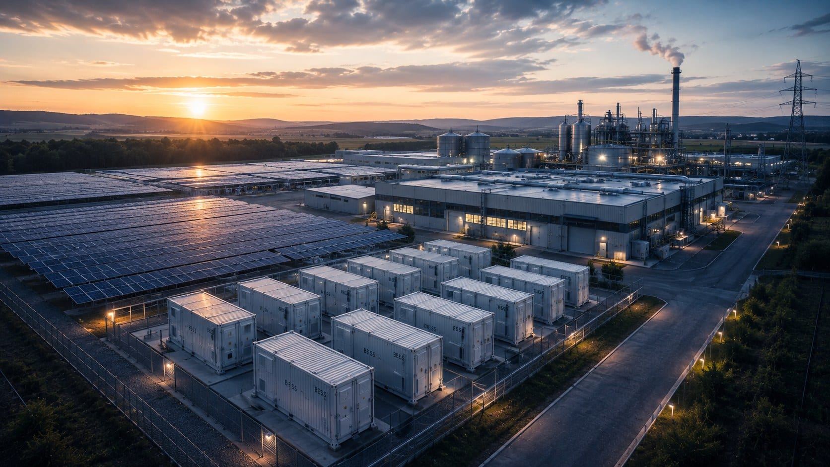 Luftaufnahme eines Industriestandorts mit Photovoltaikanlage und Batteriespeichercontainern